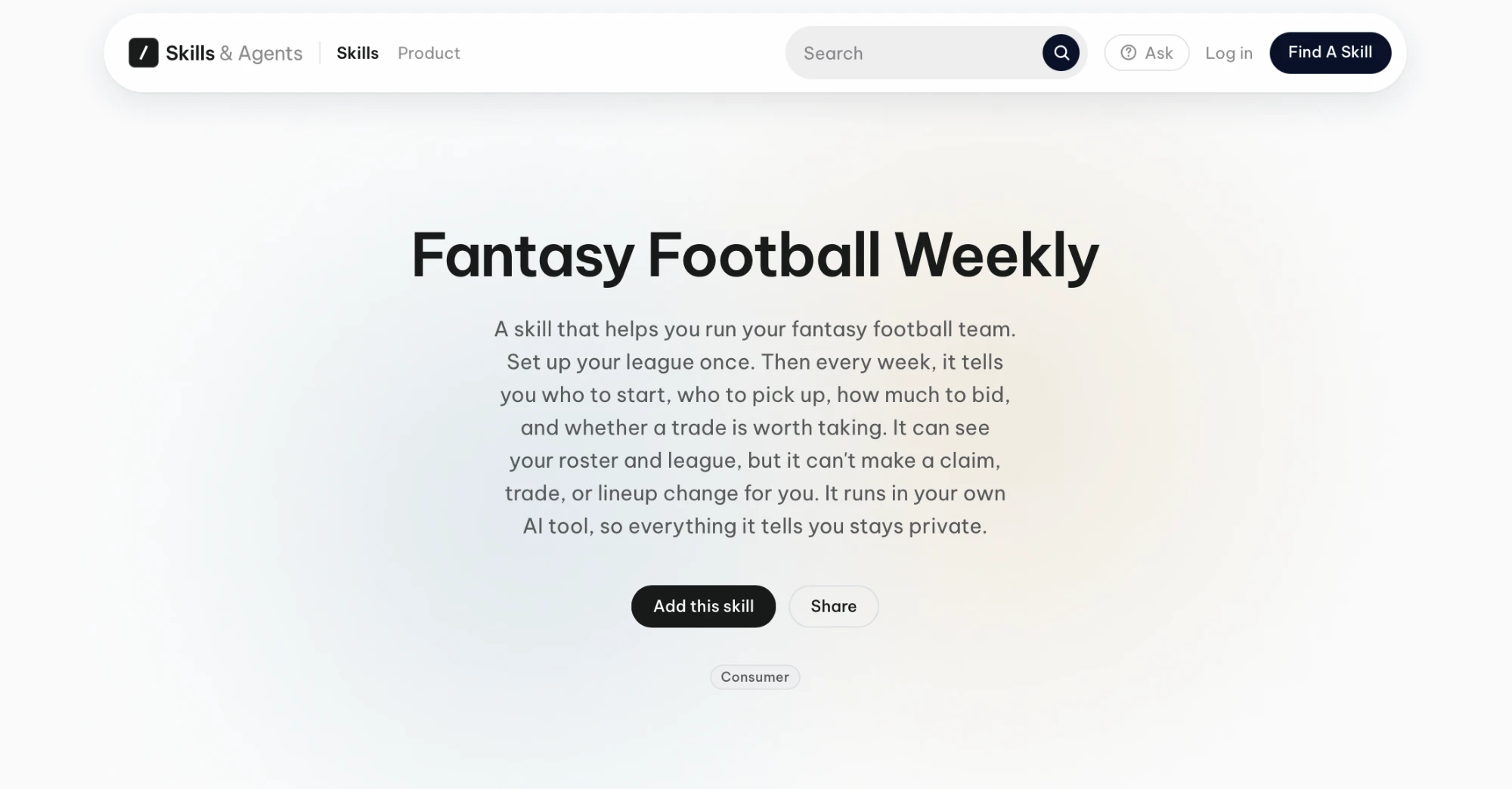 The Fantasy Football Weekly skill page on skillsandagents.co, with the Add this skill and Share buttons